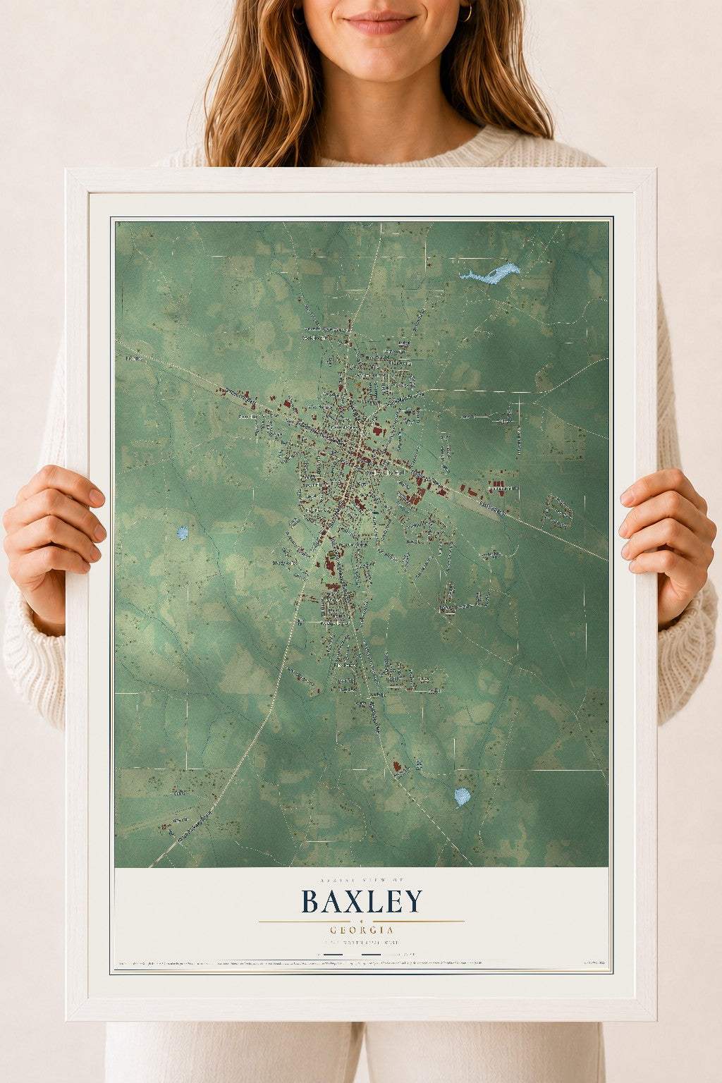 Baxley, Georgia map print, 18" x 24" W/ White Ayous Wood Frame mockup