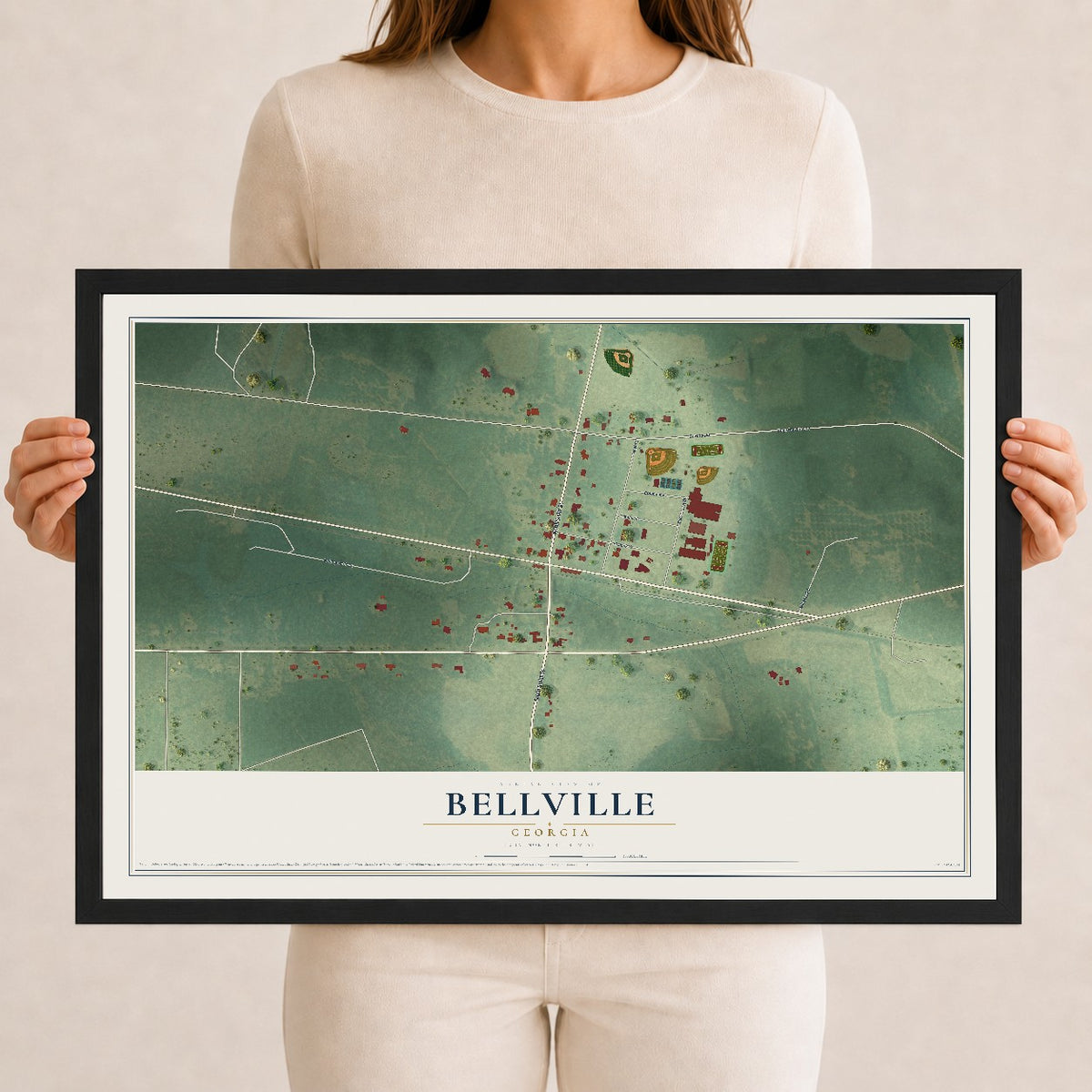 Bellville, Georgia map print, 12" x 18" W/ Black Ayous Wood Frame mockup
