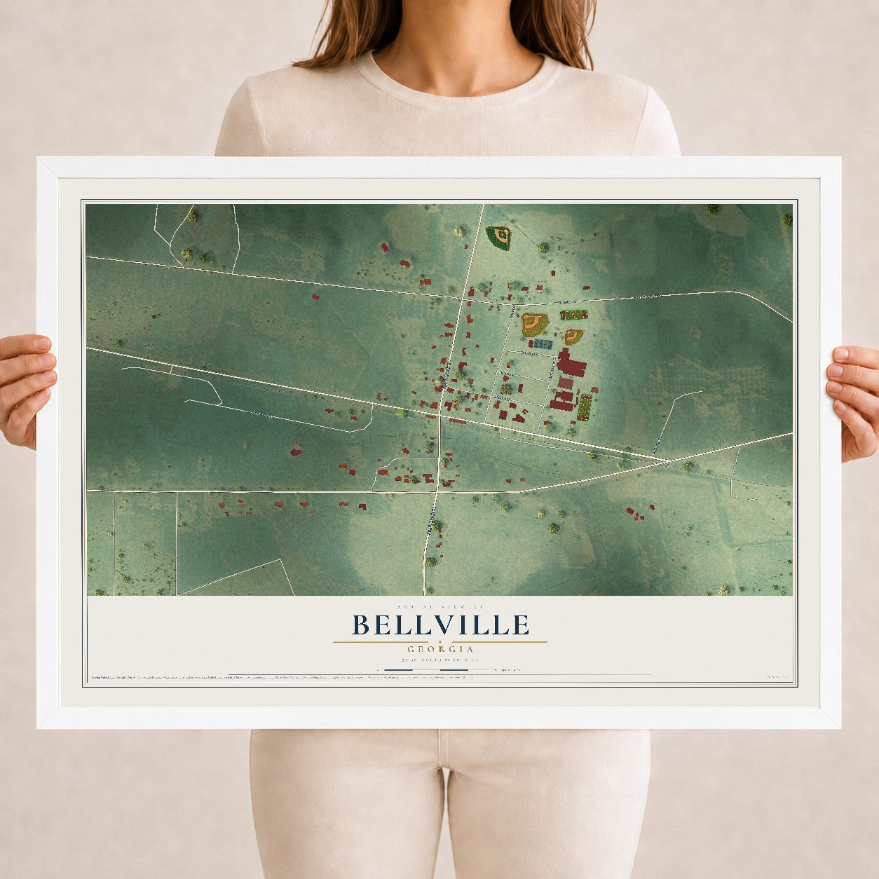 Bellville, Georgia map print, 18" x 24" W/ White Ayous Wood Frame mockup