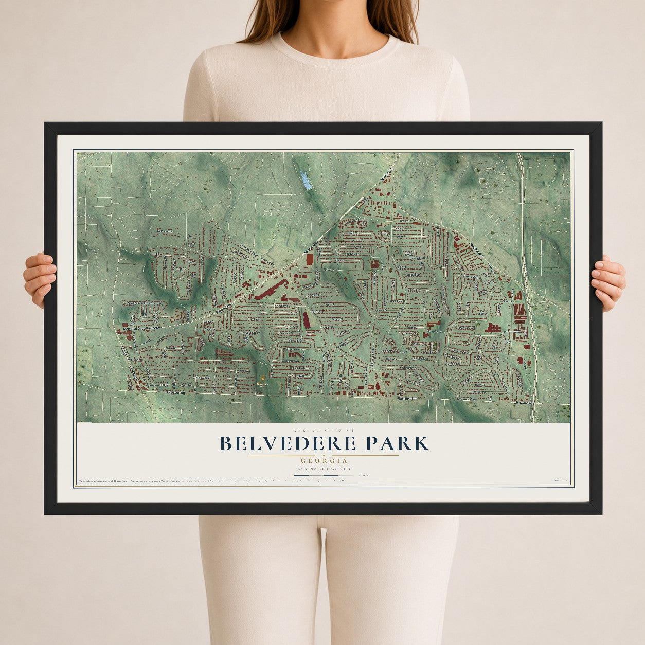 Belvedere Park, Georgia map print, 24" x 36" W/ Black Ayous Wood Frame mockup
