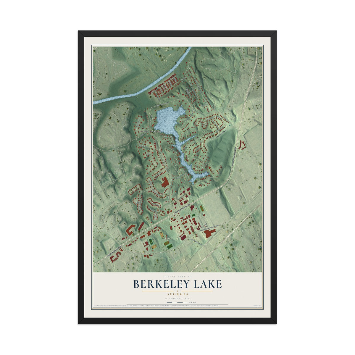 Berkeley Lake, Georgia map print, 12" x 18" W/ Black Ayous Wood Frame mockup
