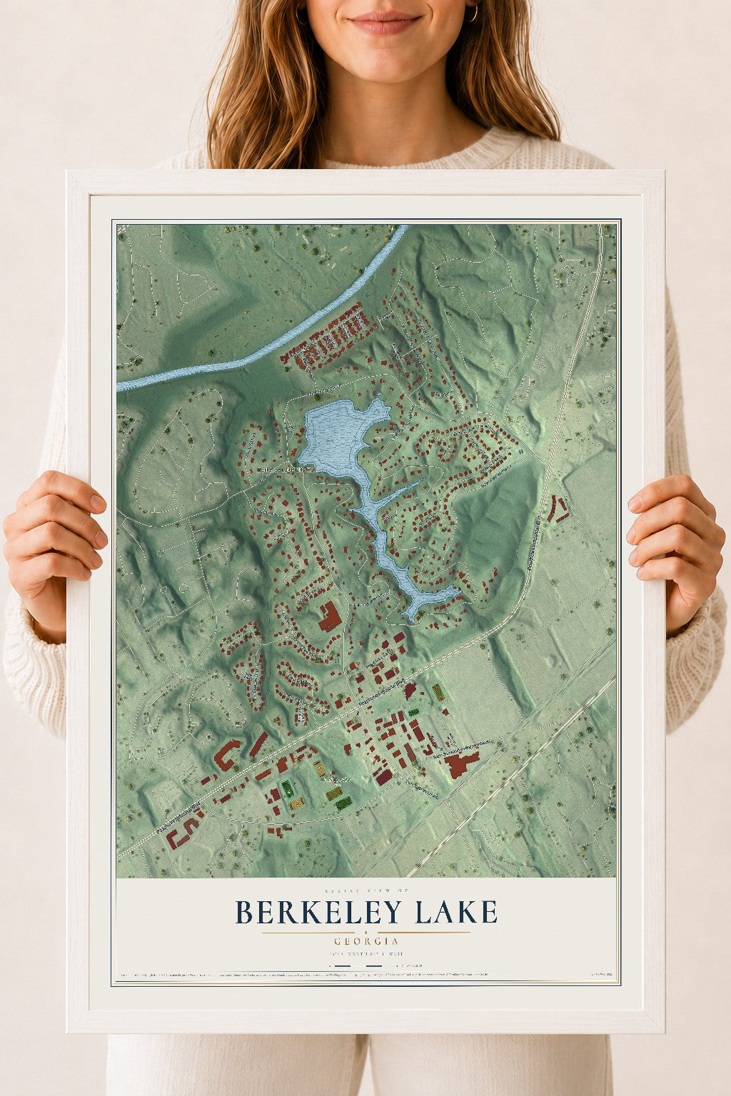 Berkeley Lake, Georgia map print, 18" x 24" W/ White Ayous Wood Frame mockup