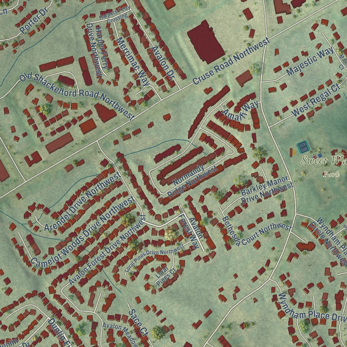 Close-up of the map of Bethesda, Georgia print showing street and building detail