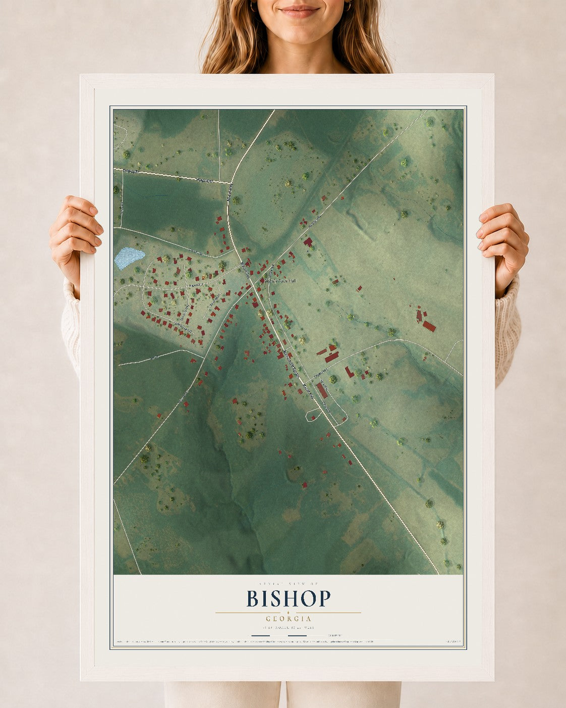 Bishop, Georgia map print, 24" x 36" W/ White Ayous Wood Frame mockup