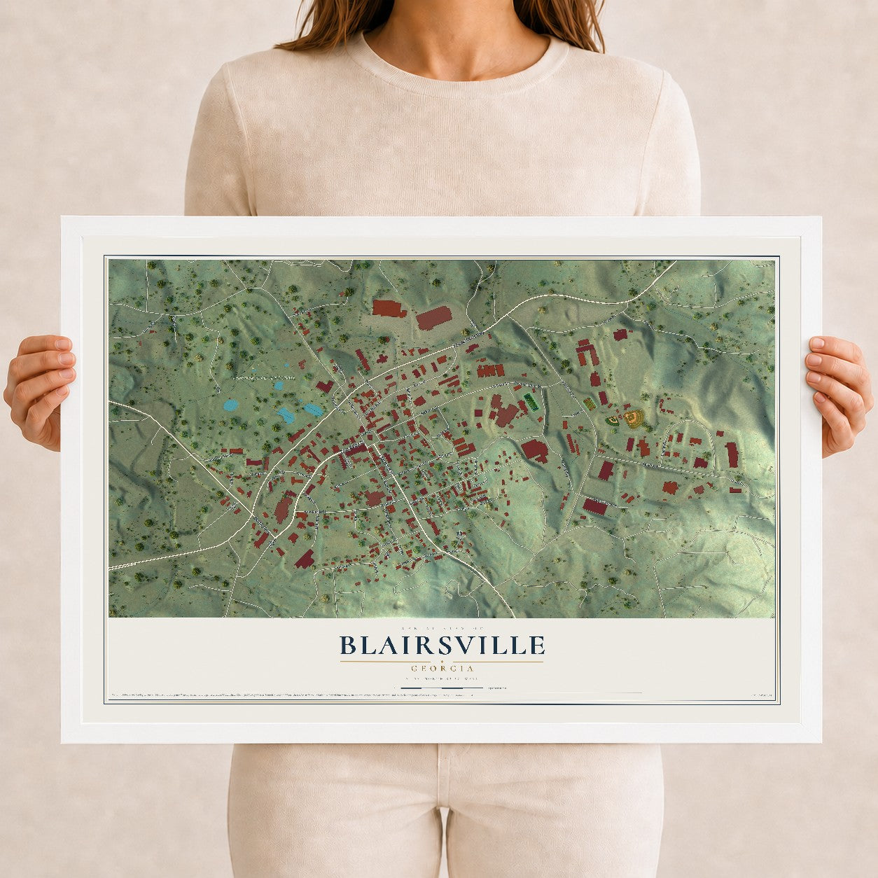 Blairsville, Georgia map print, 12" x 18" W/ White Ayous Wood Frame mockup