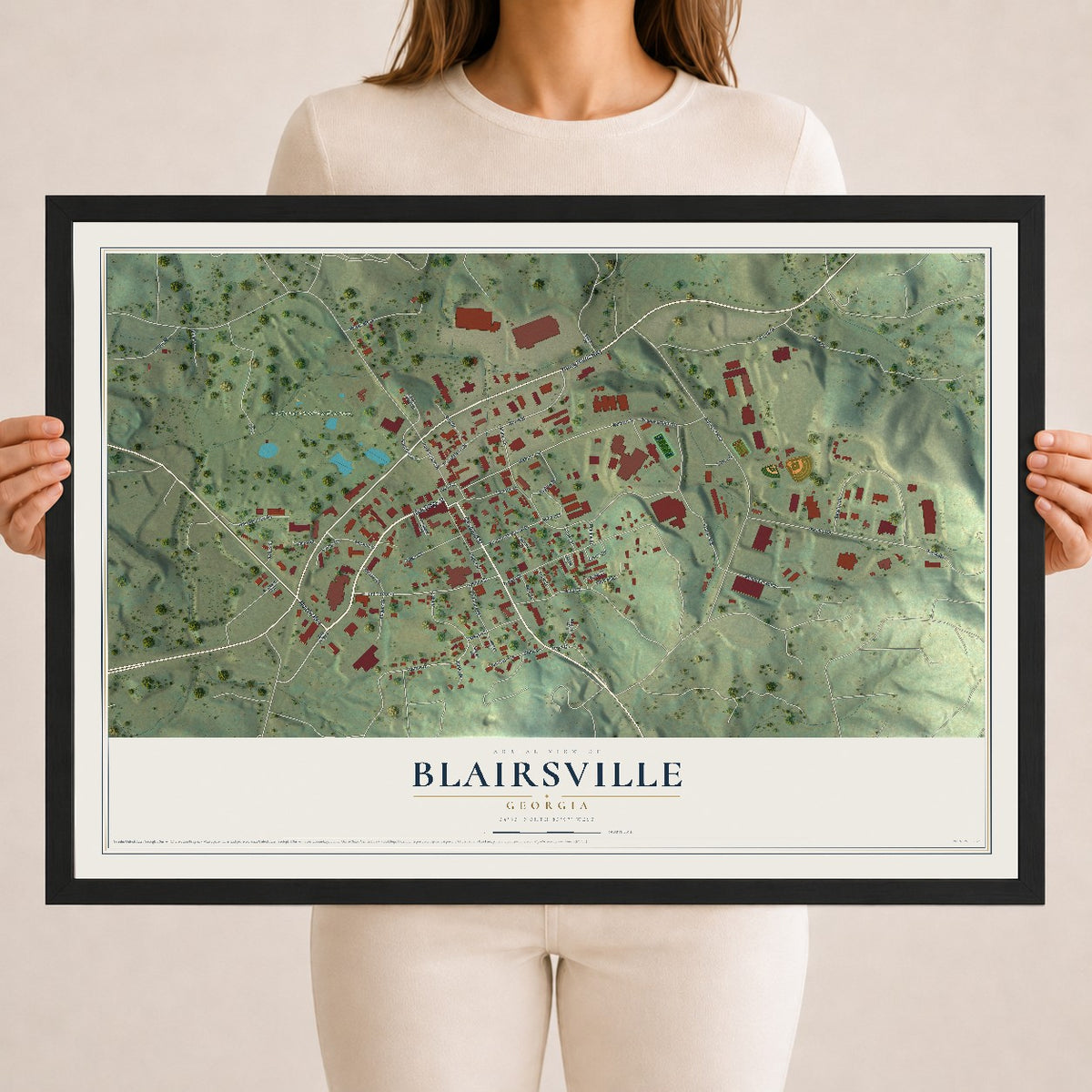 Blairsville, Georgia map print, 18" x 24" W/ Black Ayous Wood Frame mockup