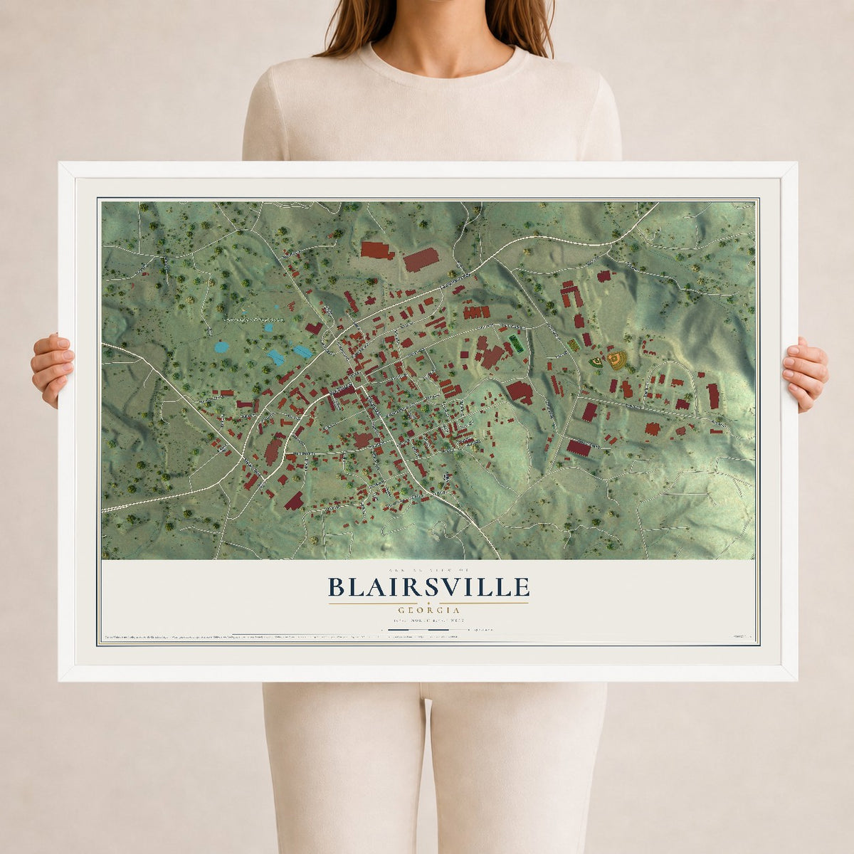 Blairsville, Georgia map print, 24" x 36" W/ White Ayous Wood Frame mockup