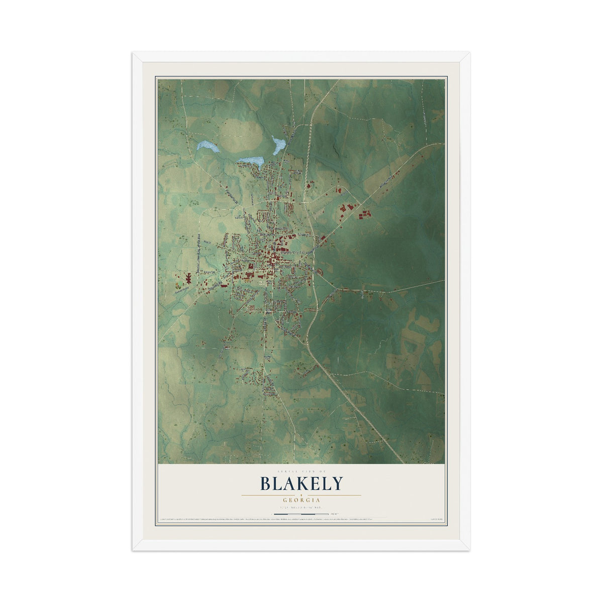 Blakely, Georgia map print, 12" x 18" W/ White Ayous Wood Frame mockup