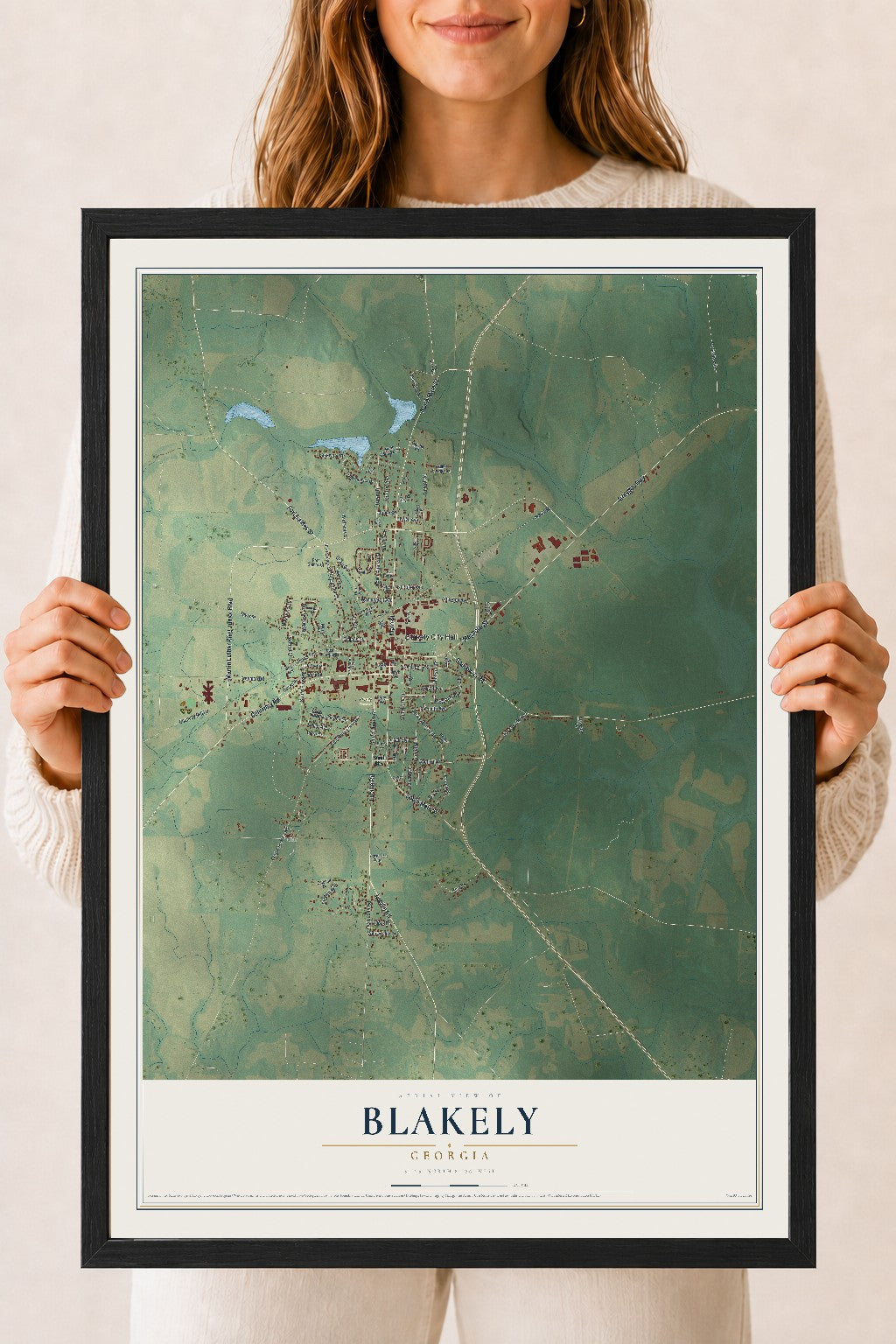 Blakely, Georgia map print, 18" x 24" W/ Black Ayous Wood Frame mockup