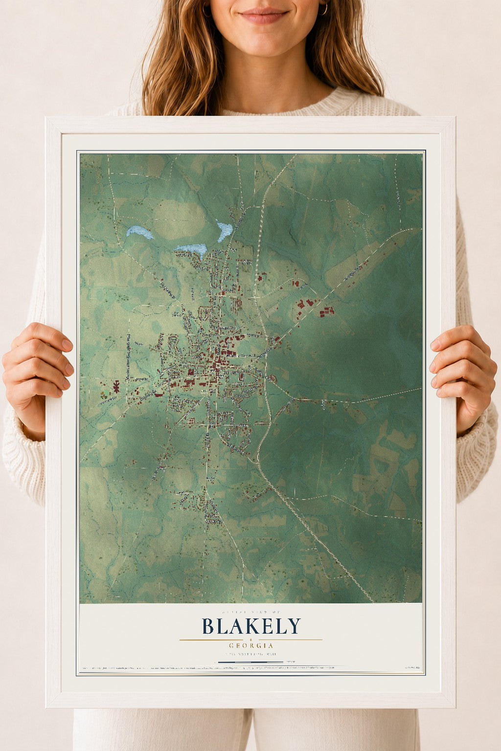 Blakely, Georgia map print, 18" x 24" W/ White Ayous Wood Frame mockup