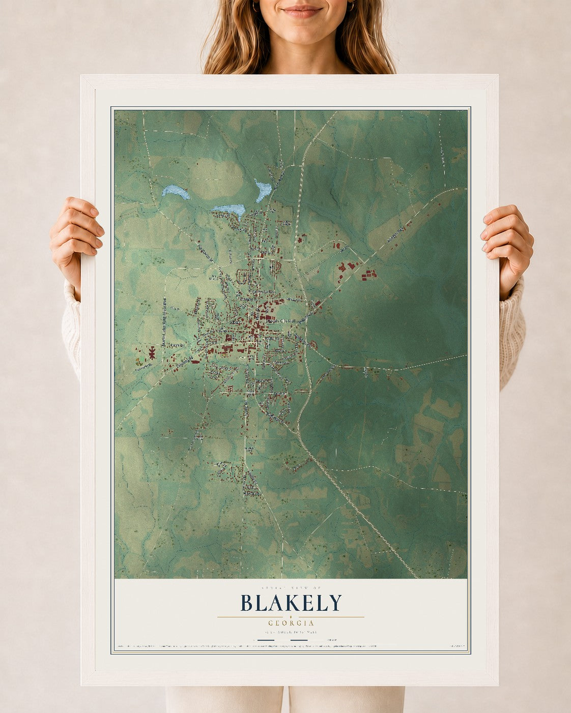 Blakely, Georgia map print, 24" x 36" W/ White Ayous Wood Frame mockup