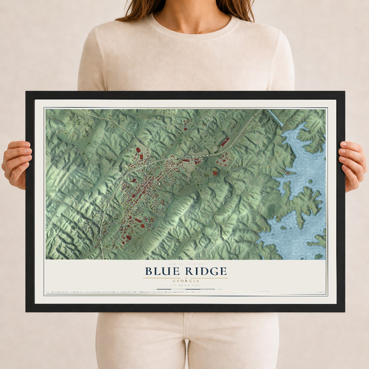 Blue Ridge, Georgia map print, 12" x 18" W/ Black Ayous Wood Frame mockup