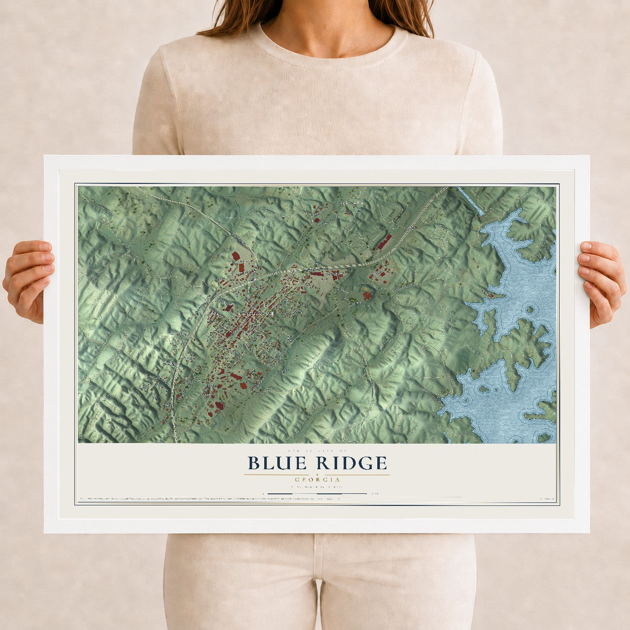 Blue Ridge, Georgia map print, 12" x 18" W/ White Ayous Wood Frame mockup