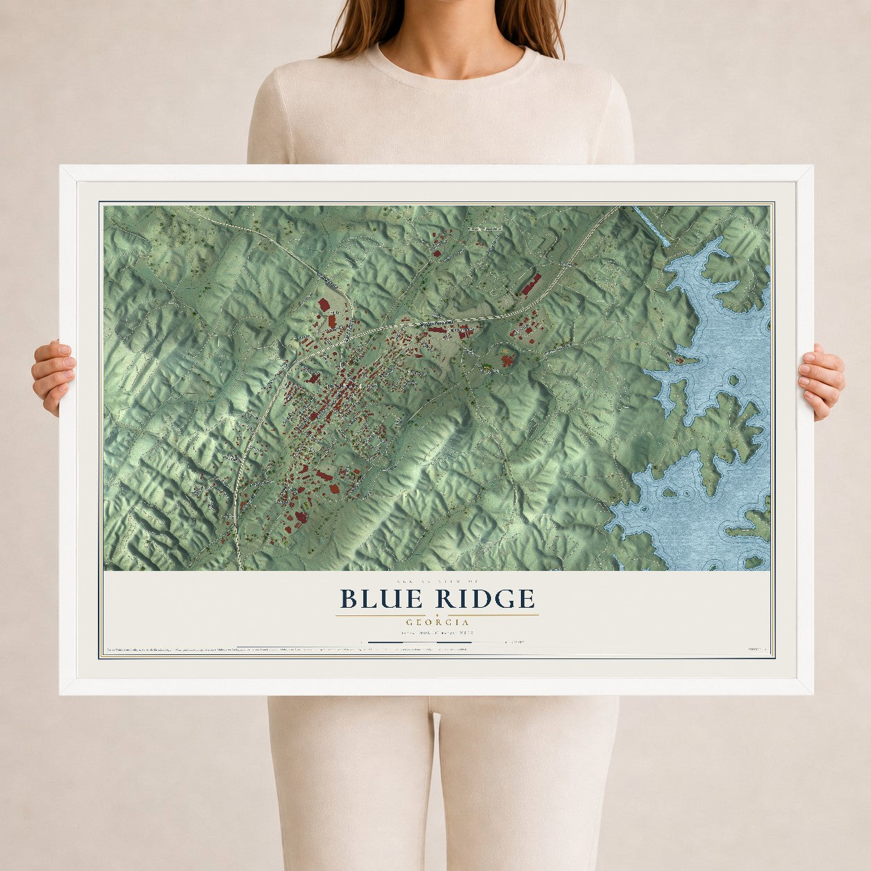 Blue Ridge, Georgia map print, 24" x 36" W/ White Ayous Wood Frame mockup