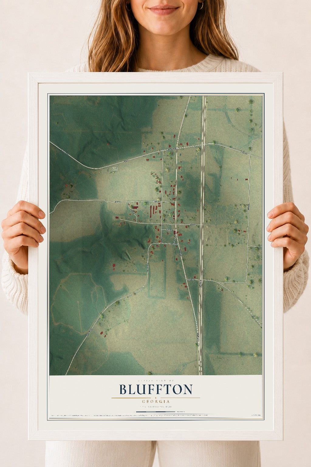 Bluffton, Georgia map print, 18" x 24" W/ White Ayous Wood Frame mockup