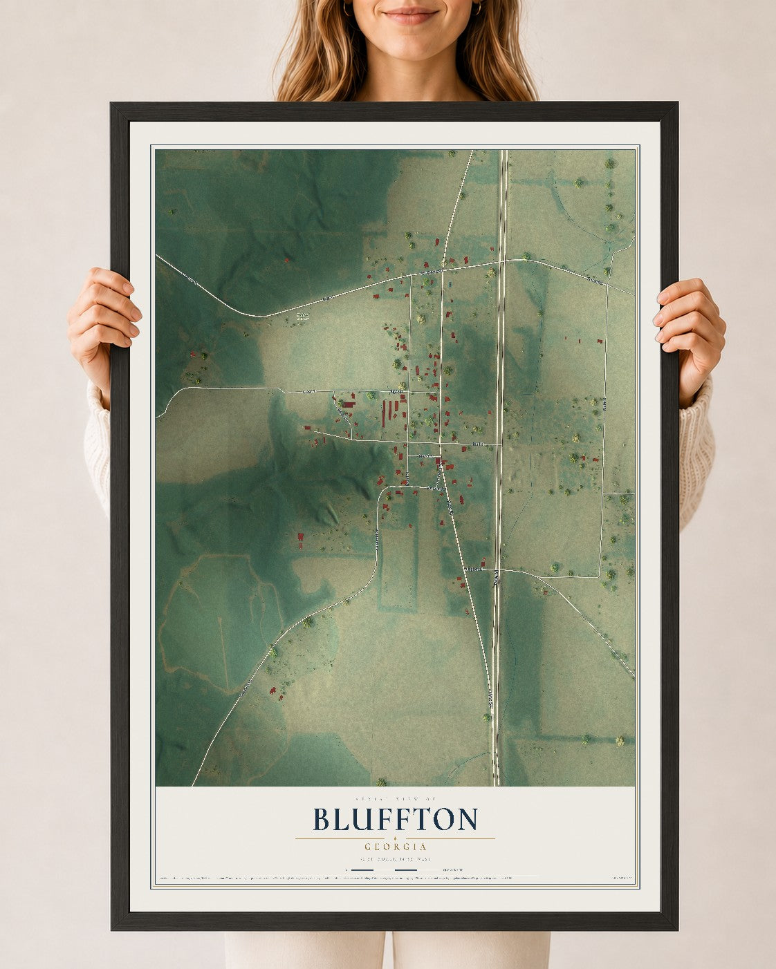 Bluffton, Georgia map print, 24" x 36" W/ Black Ayous Wood Frame mockup