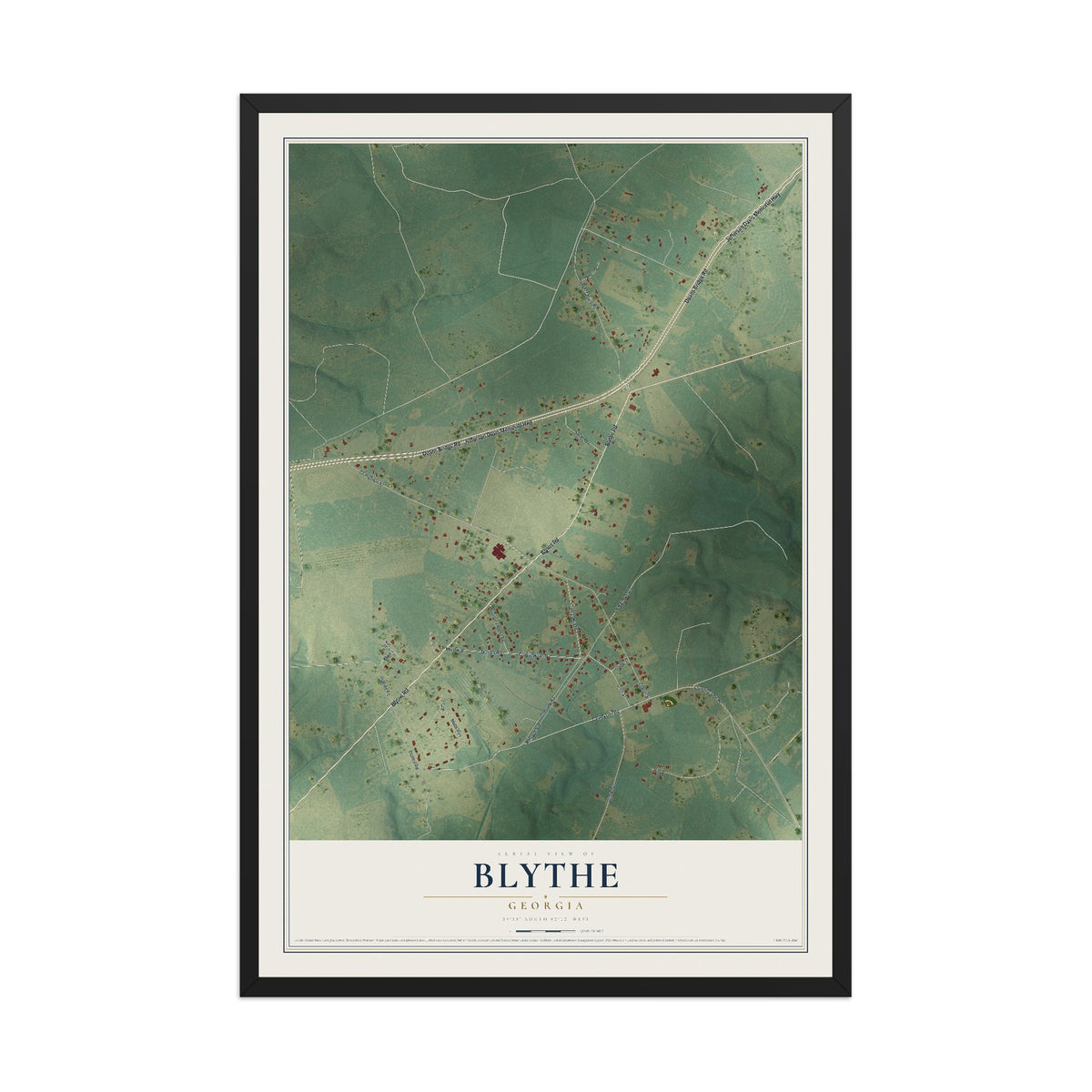 Blythe, Georgia map print, 12" x 18" W/ Black Ayous Wood Frame mockup