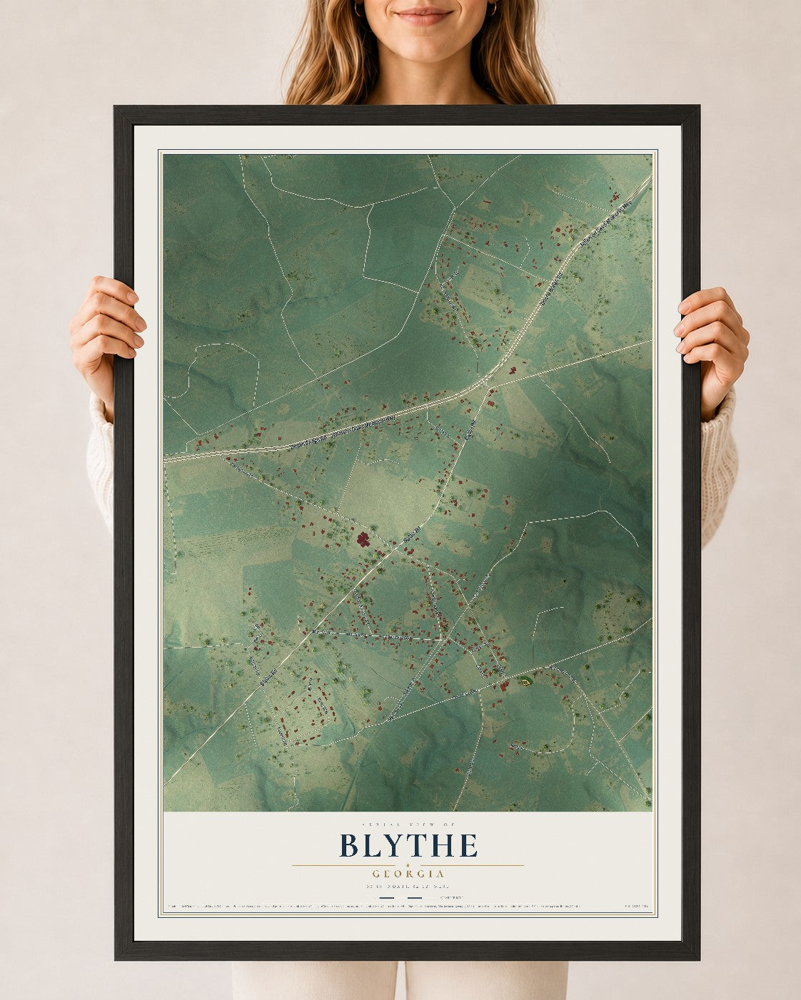 Blythe, Georgia map print, 24" x 36" W/ Black Ayous Wood Frame mockup