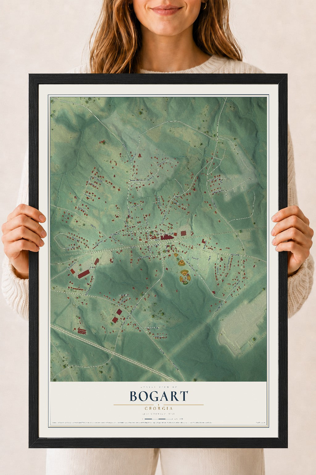 Bogart, Georgia map print, 18" x 24" W/ Black Ayous Wood Frame mockup