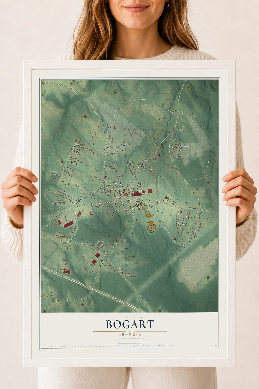 Bogart, Georgia map print, 18" x 24" W/ White Ayous Wood Frame mockup