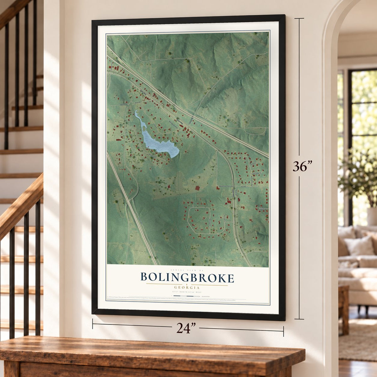 Bolingbroke, Georgia map, 24 x 36 inch print in a black frame by a staircase