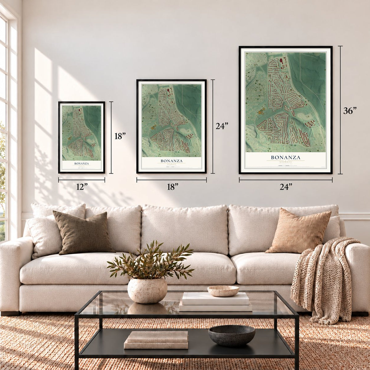 Bonanza, Georgia map in 12 x 18, 18 x 24 and 24 x 36 inch sizes above a sofa