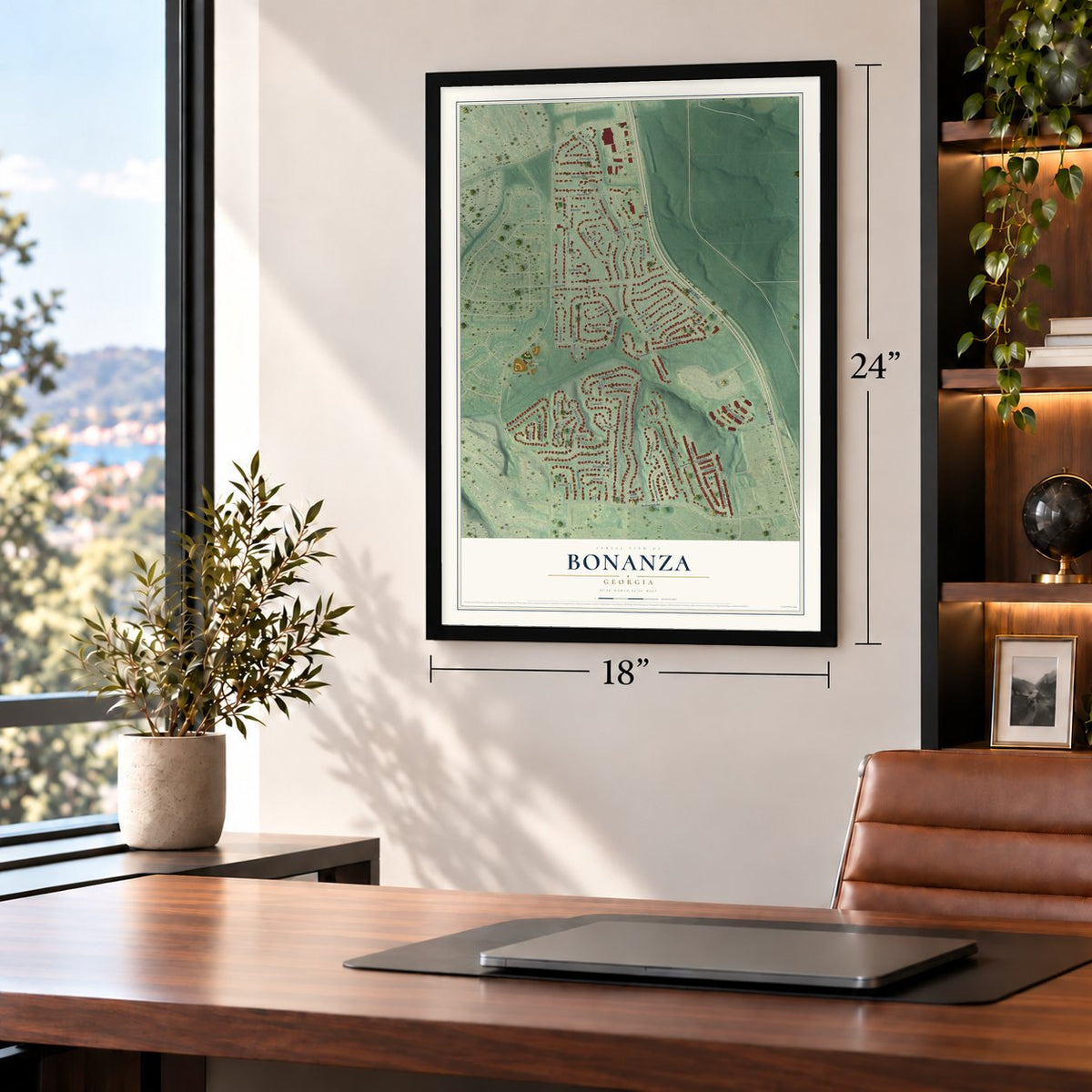 Bonanza, Georgia map, 18 x 24 inch print in a black frame in a home office