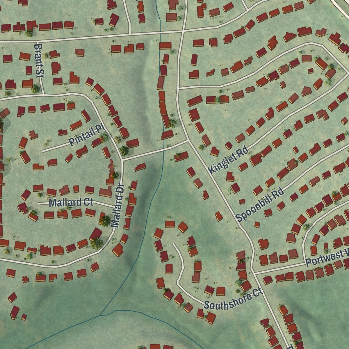 Close-up of the map of Bonanza, Georgia print showing street and building detail
