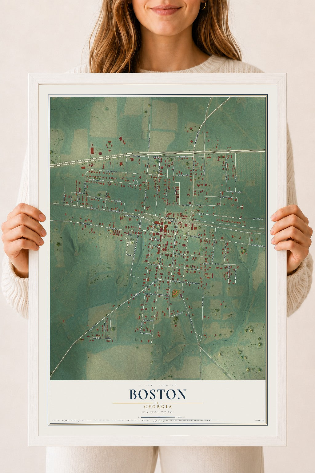 Boston, Georgia map print, 18" x 24" W/ White Ayous Wood Frame mockup