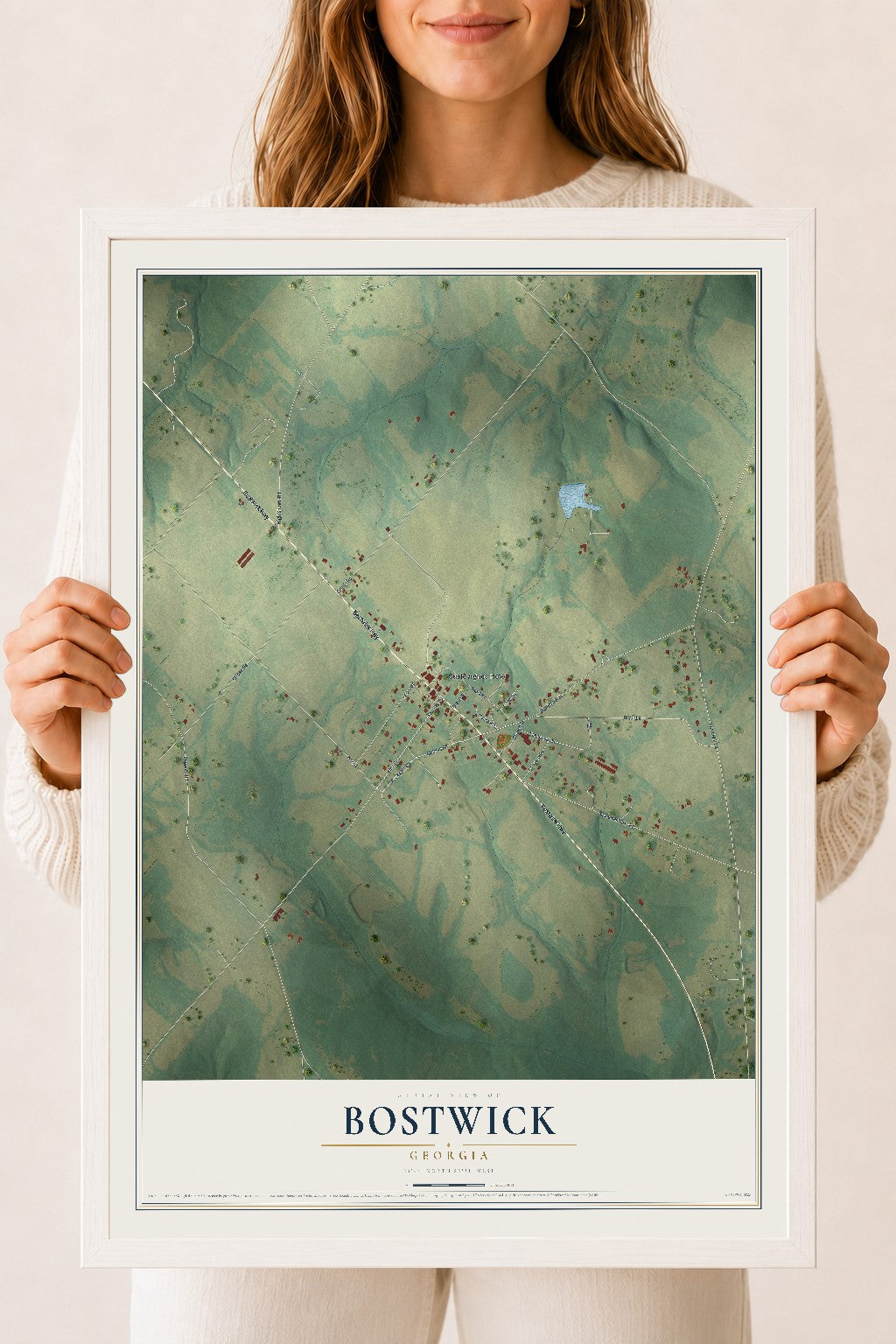 Bostwick, Georgia map print, 18" x 24" W/ White Ayous Wood Frame mockup