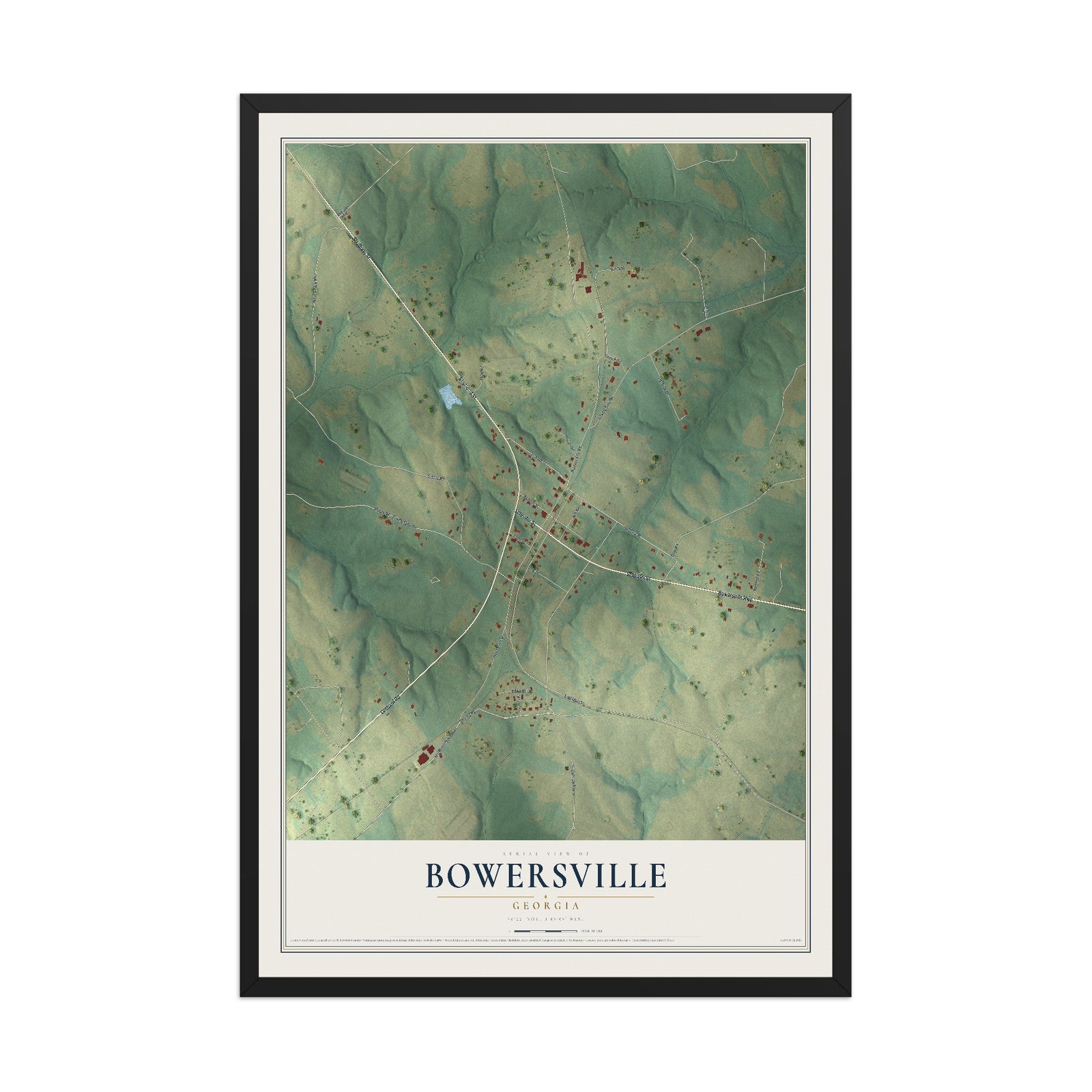 Bowersville, Georgia map print, 12" x 18" W/ Black Ayous Wood Frame mockup