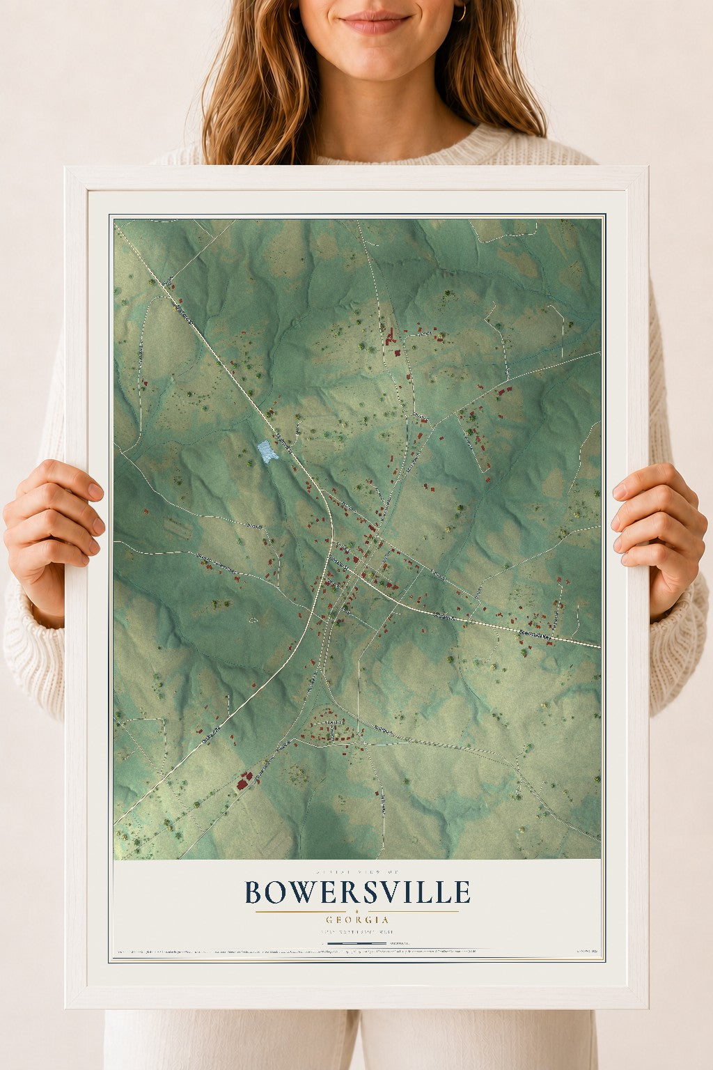 Bowersville, Georgia map print, 18" x 24" W/ White Ayous Wood Frame mockup