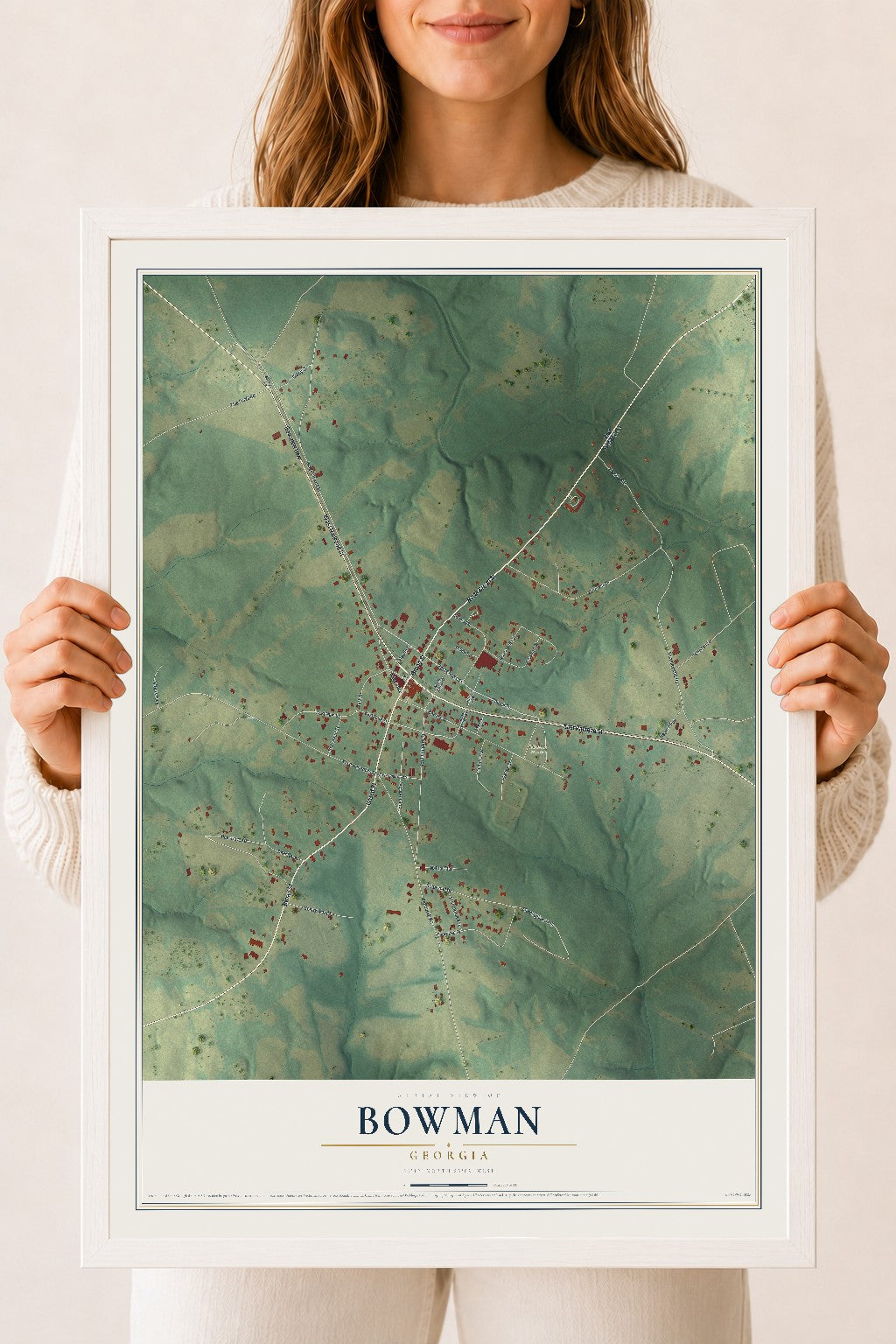 Bowman, Georgia map print, 18" x 24" W/ White Ayous Wood Frame mockup