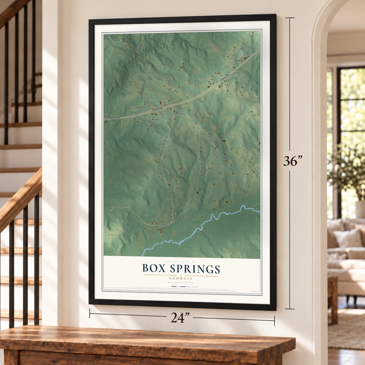 Box Springs, Georgia map, 24 x 36 inch print in a black frame by a staircase