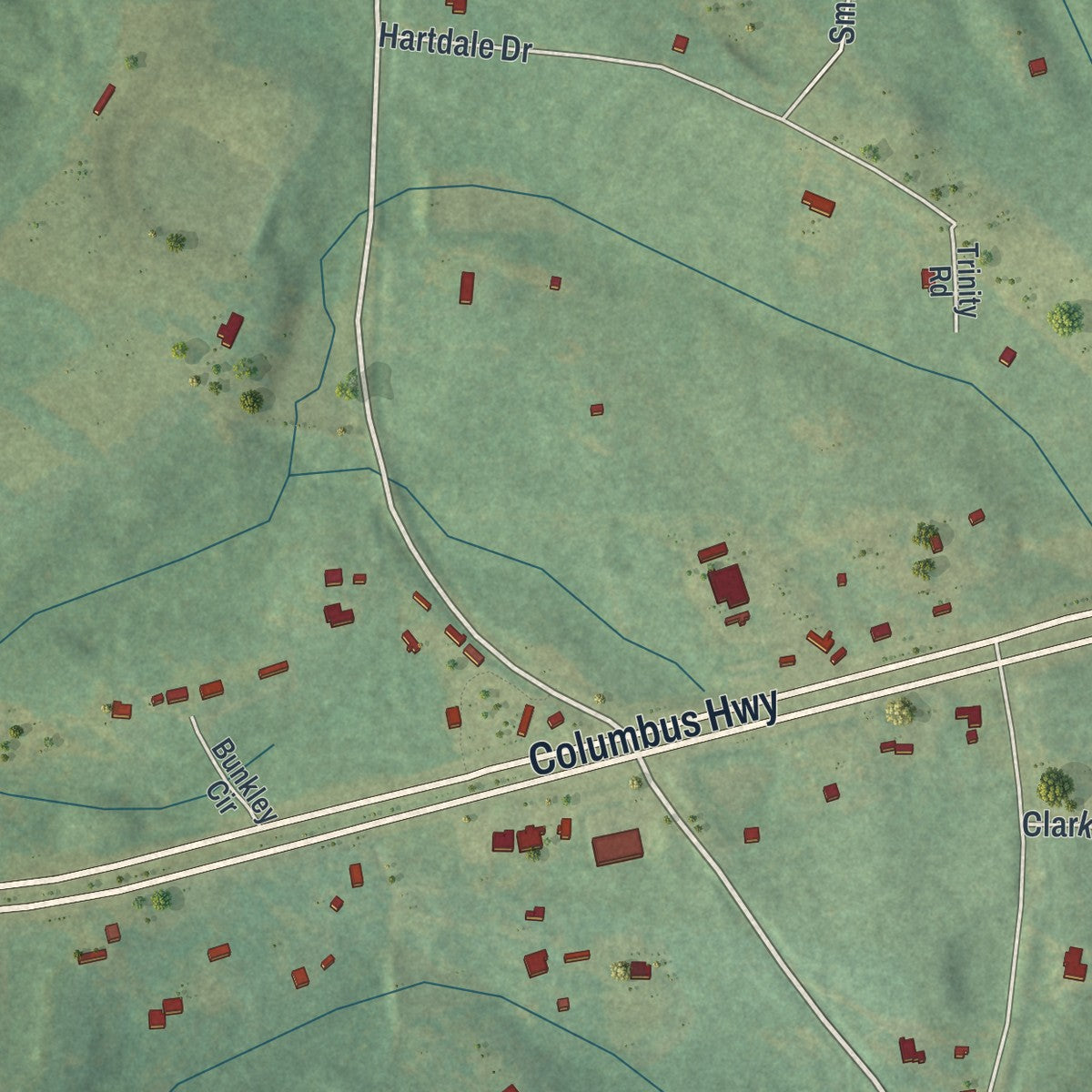 Close-up of the map of Box Springs, Georgia print showing street and building detail