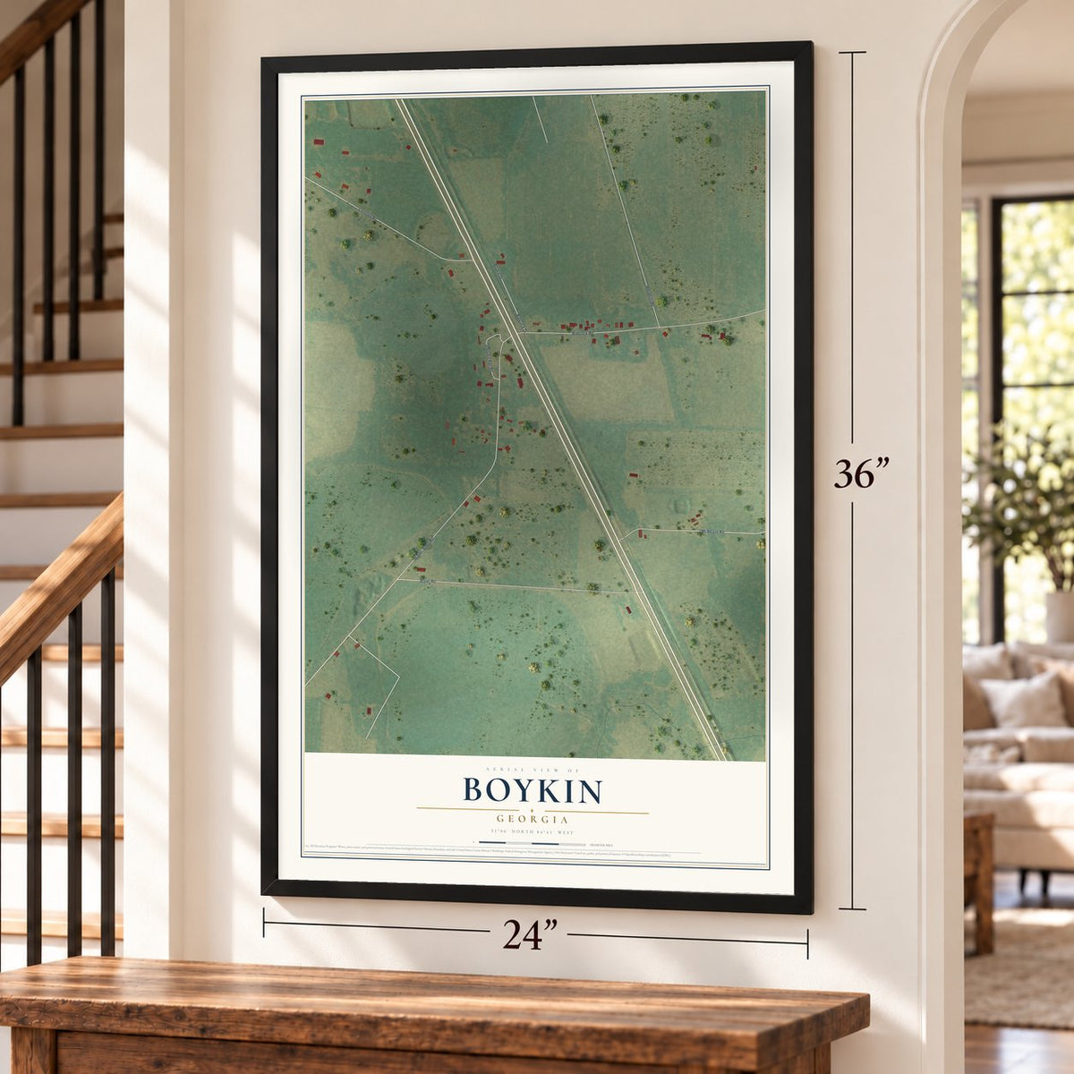 Boykin, Georgia map, 24 x 36 inch print in a black frame by a staircase