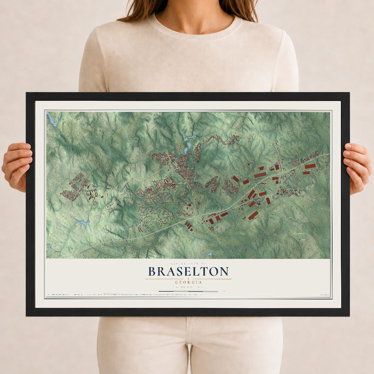Braselton, Georgia map print, 12" x 18" W/ Black Ayous Wood Frame mockup
