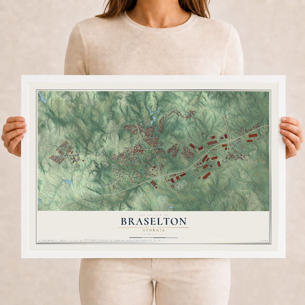 Braselton, Georgia map print, 12" x 18" W/ White Ayous Wood Frame mockup
