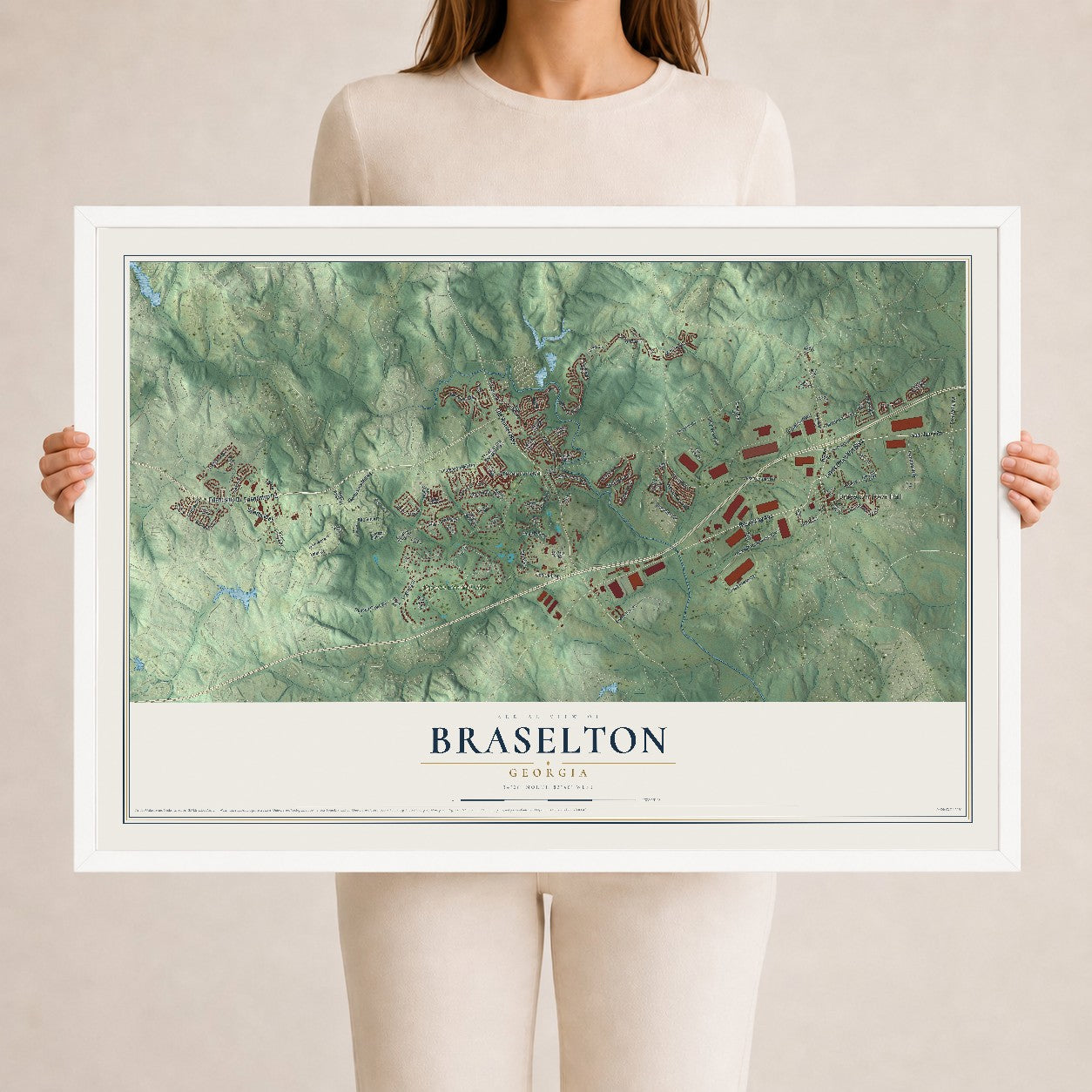 Braselton, Georgia map print, 24" x 36" W/ White Ayous Wood Frame mockup