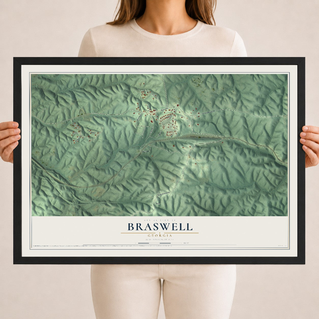 Braswell, Georgia map print, 18" x 24" W/ Black Ayous Wood Frame mockup