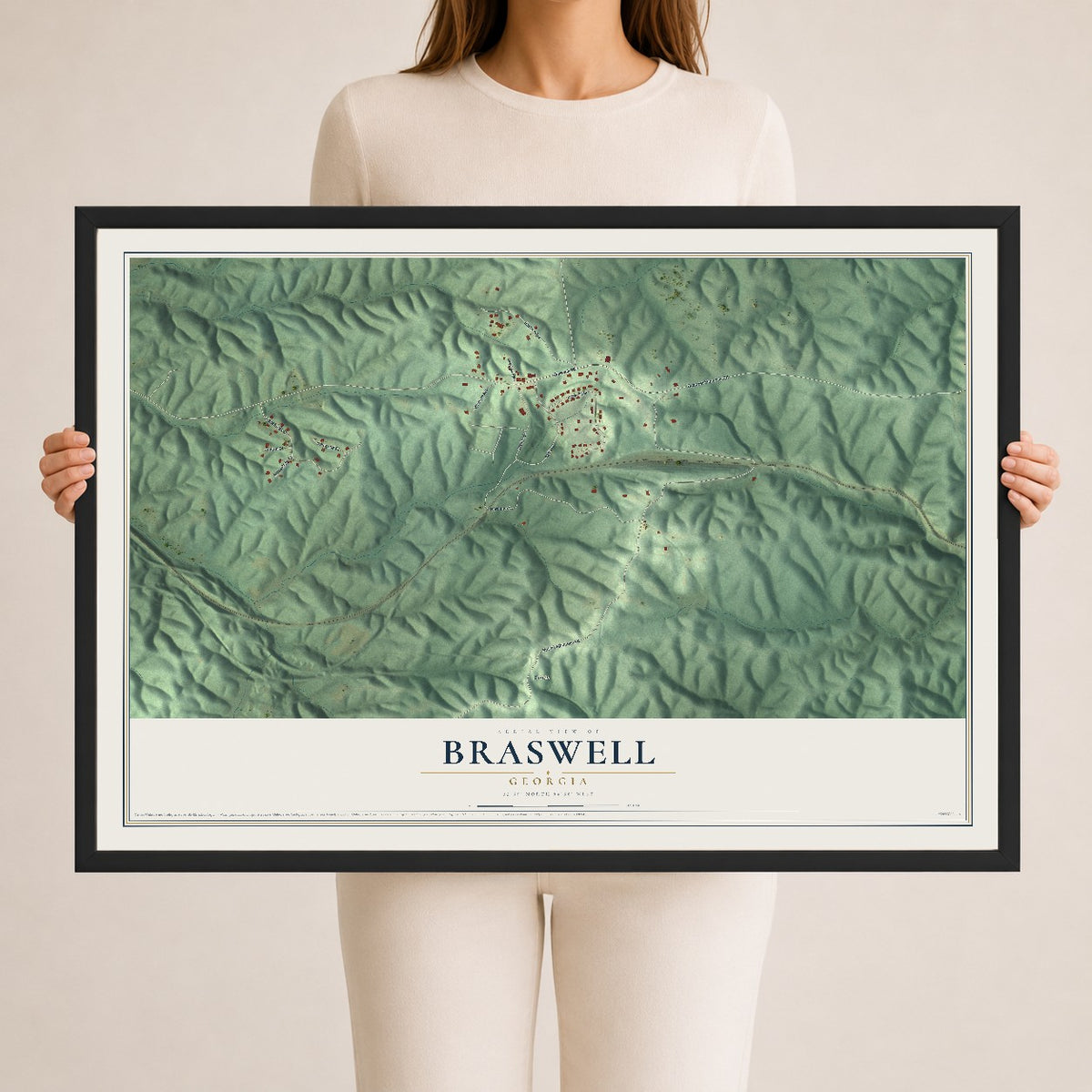 Braswell, Georgia map print, 24" x 36" W/ Black Ayous Wood Frame mockup