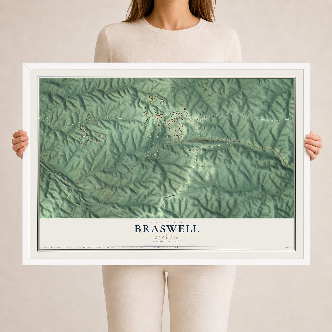 Braswell, Georgia map print, 24" x 36" W/ White Ayous Wood Frame mockup