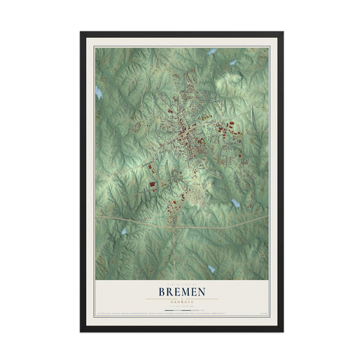 Map of Bremen, Georgia, 12 x 18 inch print in a black wood frame