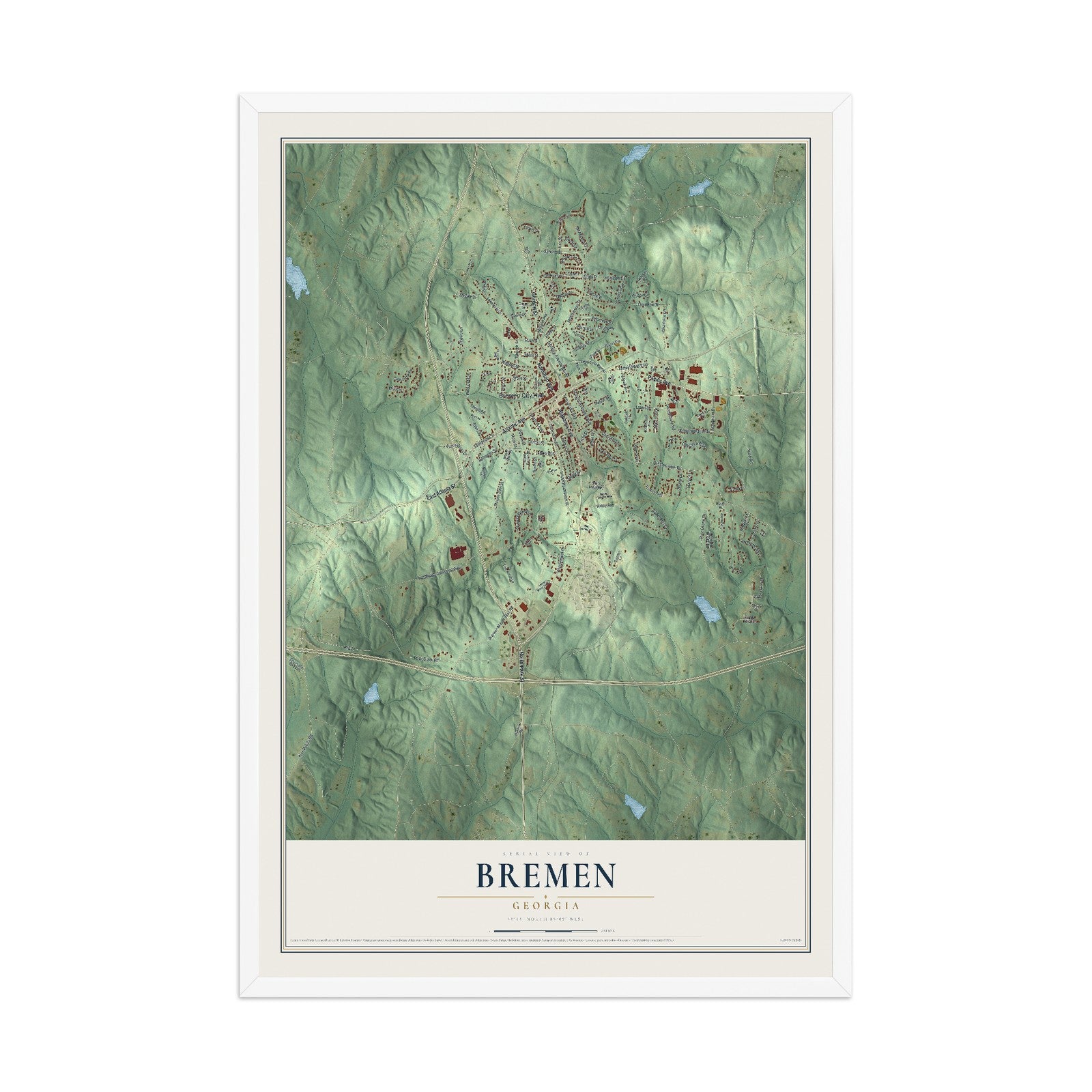 Bremen, Georgia map print, 12" x 18" W/ White Ayous Wood Frame mockup
