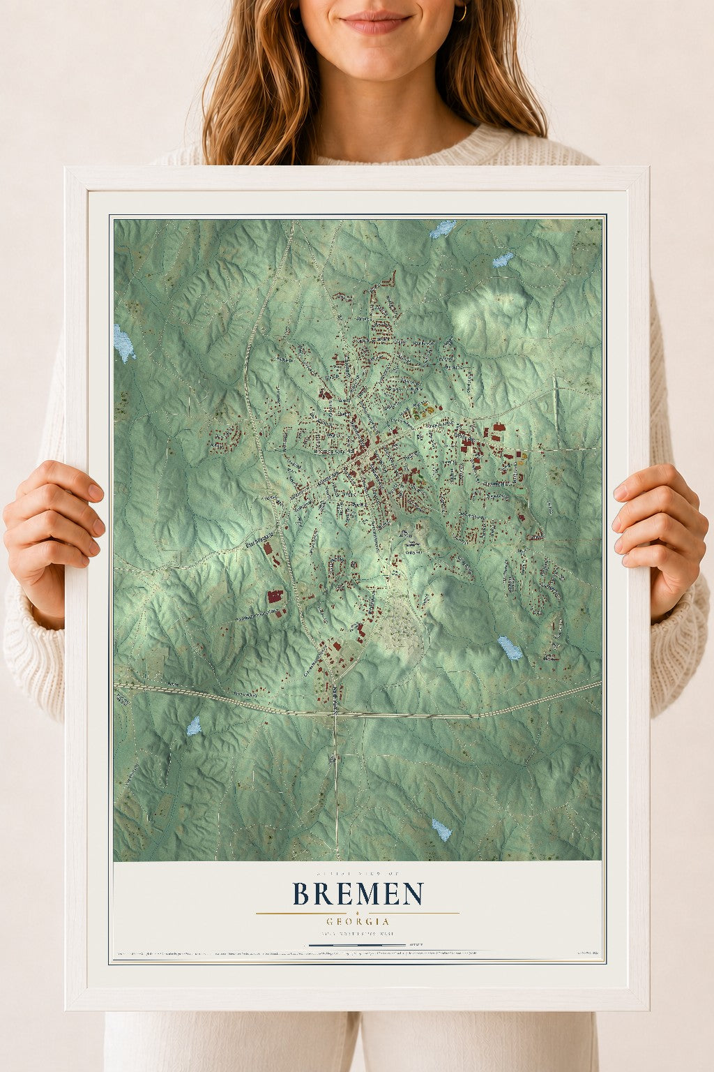 Bremen, Georgia map print, 18" x 24" W/ White Ayous Wood Frame mockup