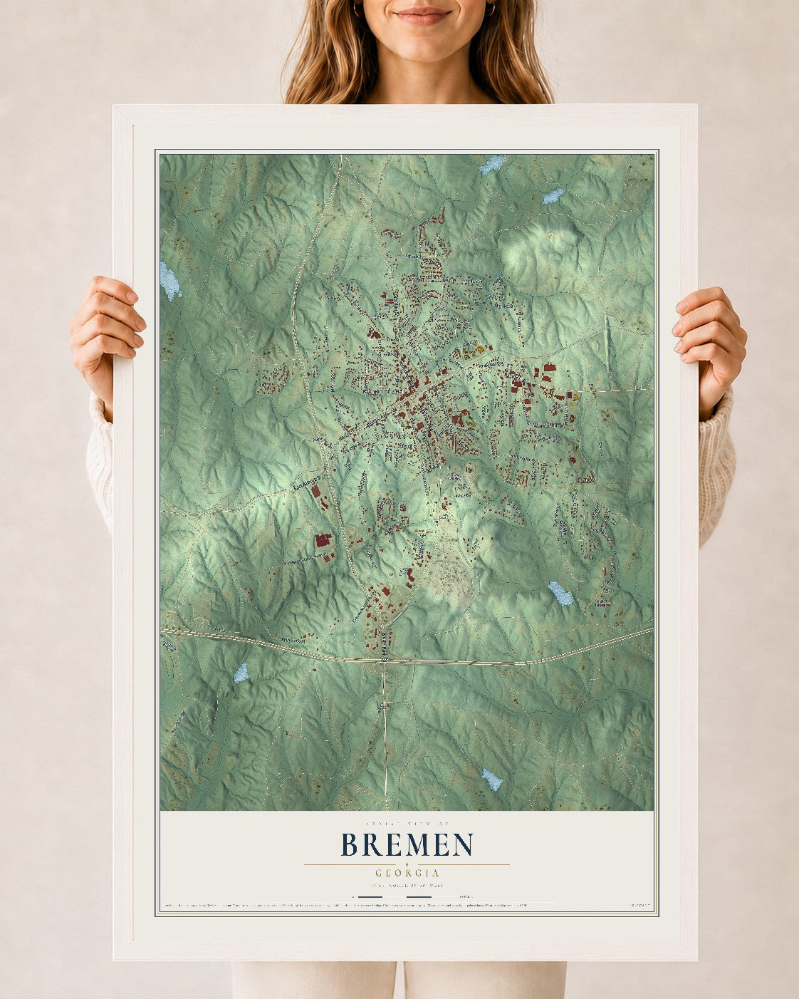 Bremen, Georgia map print, 24" x 36" W/ White Ayous Wood Frame mockup