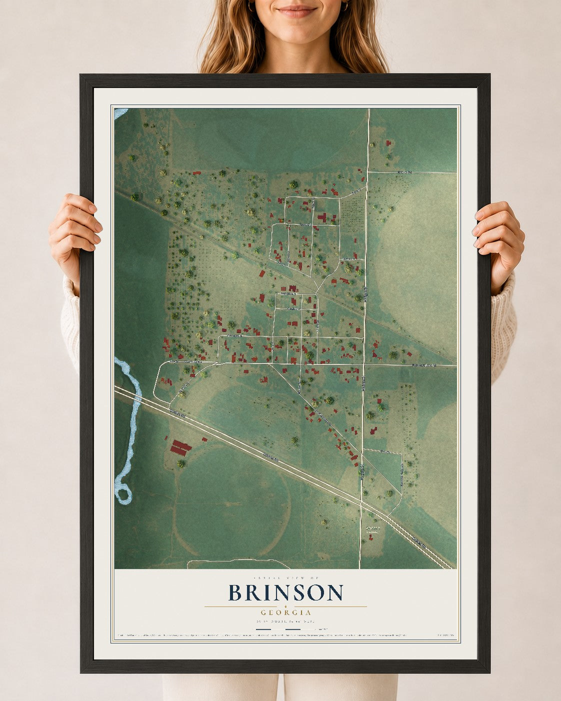 Brinson, Georgia map print, 24" x 36" W/ Black Ayous Wood Frame mockup