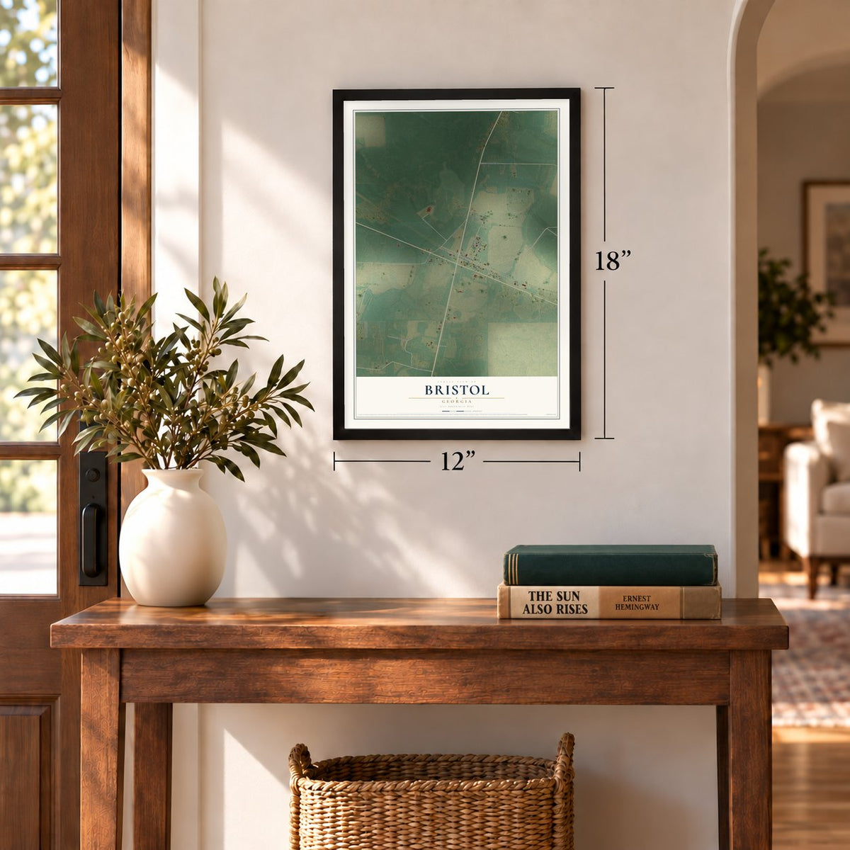 Bristol, Georgia map, 12 x 18 inch print in a black frame in an entryway