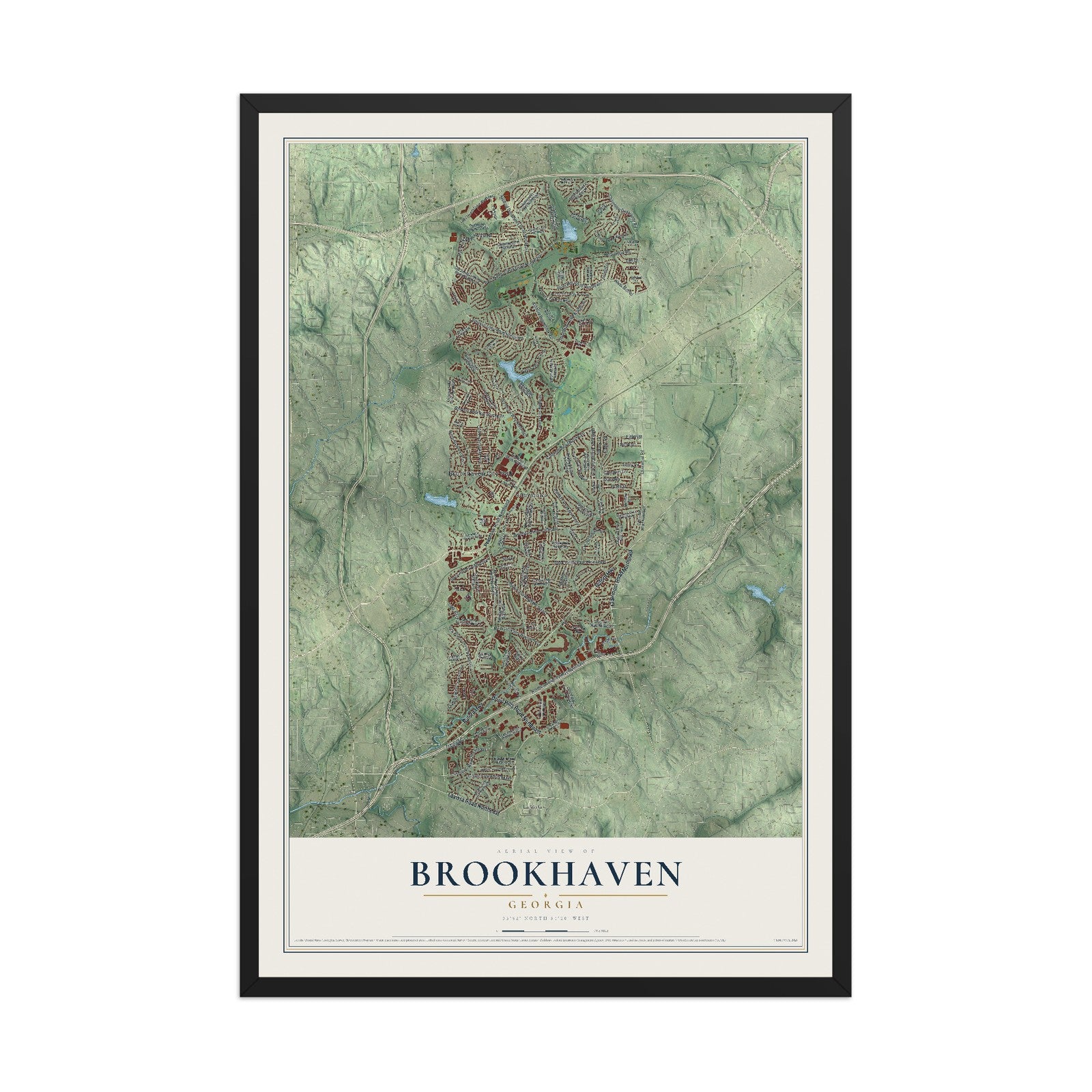 Brookhaven, Georgia map print, 12" x 18" W/ Black Ayous Wood Frame mockup