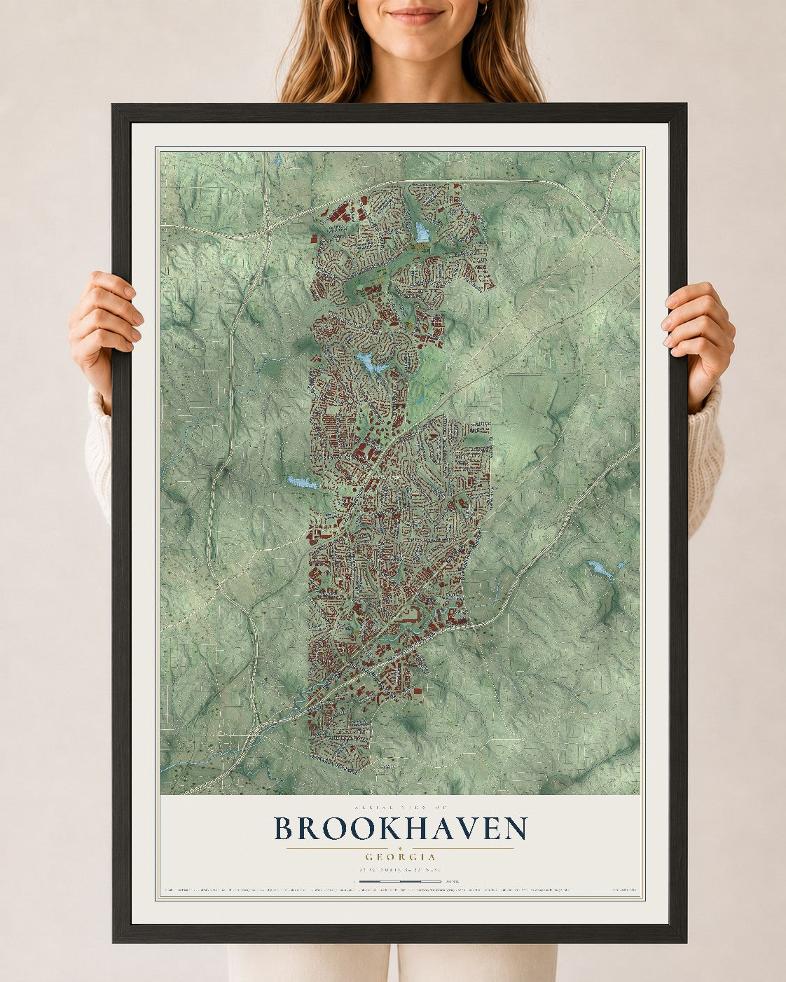 Brookhaven, Georgia map print, 24" x 36" W/ Black Ayous Wood Frame mockup